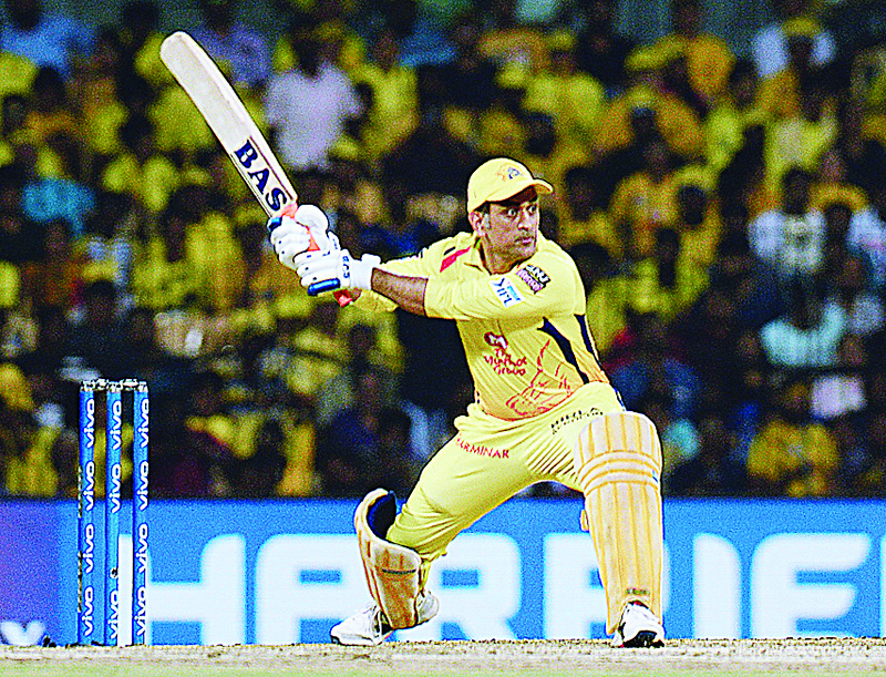 (FILES) In this file photo taken on May 7, 2019, Chennai Super Kings cricket captain Mahendra Singh Dhoni plays a shot during the 2019 Indian Premier League (IPL) first qualifier Twenty20 cricket match between Chennai Super Kings and Mumbai Indians at the M.A. Chidambaram Stadium in Chennai. - Dhoni may have signed off from international duties but he'll be at the heart of the action in the Indian Premier League -- a tournament he helped inspire, and where he remains a towering figure. (Photo by ARUN SANKAR / AFP) / ----IMAGE RESTRICTED TO EDITORIAL USE - STRICTLY NO COMMERCIAL USE-----