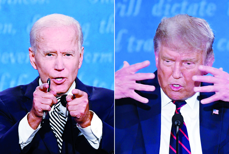 (FILES)(COMBO) This combination of file pictures created on September 29, 2020 shows Democratic Presidential candidate and former US Vice President Joe Biden (L) and US President Donald Trump speaking during the first presidential debate at the Case Western Reserve University and Cleveland Clinic in Cleveland, Ohio on September 29, 2020. - Two weeks before the polls, the contrast in campaign strategies between Trump, 74, and Biden, 77, has never been more pronounced: the Republican president led another rally in the battleground state of Pennsylvania October 20, 2020, while Democrat Biden stayed mostly out of sight ahead of a pivotal televised debate on October 22, 2020. Both candidates will get something of a reality check on Thursday when they meet for their second and final televised debate. (Photos by Jim WATSON and SAUL LOEB / AFP)