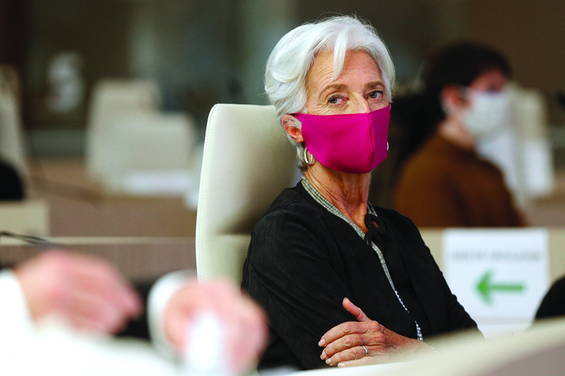 European Central Bank (ECB) President Christine Lagarde, wearing face mask, attends the 16th Congress of Regions (Congres des Regions) in Saint-Ouen, north of Paris on October 19, 2020. (Photo by GEOFFROY VAN DER HASSELT / AFP)