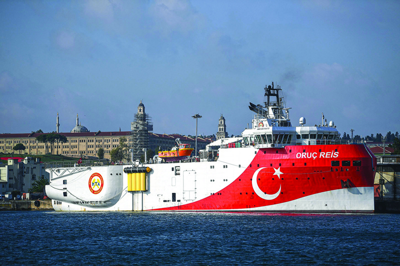(FILES) This file photo taken on August 23, 2019 in Istanbul shows a view of Turkish General Directorate of Mineral research and Exploration's (MTA) Oruc Reis seismic research vessel docked at Haydarpasa port, which searches for hydrocarbon, oil, natural gas and coal reserves at sea. - Turkey announced plans late on October 11, 2020, to send the research ship at the centre of an energy rights row with Greece to the eastern Mediterranean again, a move likely to reignite tensions with Athens. (Photo by Ozan KOSE / AFP)