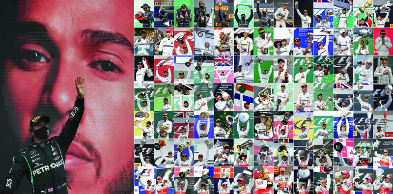 TOPSHOT - A combination of photos shows the 92 victories held by British Formula One driver Lewis Hamilton from June 10, 2007 (bottom R) to October 25, 2020. - Lewis Hamilton became Formula One's record all-time race-winner on Sunday when he claimed his 92nd victory at the Portuguese Grand Prix. (Photo by STF / AFP)