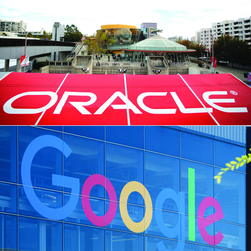 (COMBO) This combination of file pictures created on October 2, 2020 shows the Oracle logo (top) at the Oracle OpenWorld 2011 in San Francisco; and a Google logo at the Googleplex in Menlo Park, California on November 4, 2016. - A decade-old legal battle between Silicon Valley giants Oracle and Google over software rights moves to the Supreme Court Wednesday, in a case with enormous implications for copyright in the digital era. The top court scheduled oral arguments in the case which dates back to a lawsuit filed in 2010 by Oracle seeking billions from Google over its use of Java programming language in its Android mobile operating system. (Photos by KIMIHIRO HOSHINO and JOSH EDELSON / AFP)