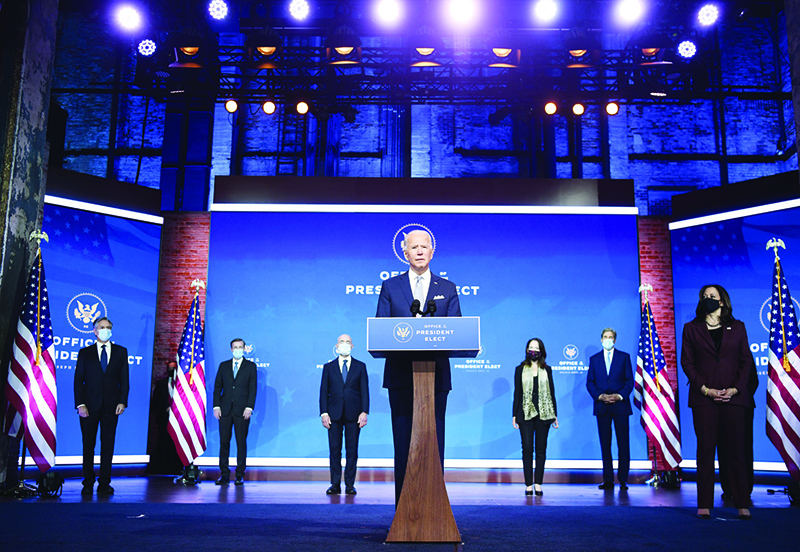 WILMINGTON: US President-elect Joe Biden speaks during a cabinet announcement event in Wilmington, Delaware. — AFP