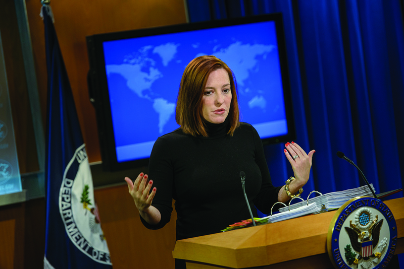 (FILES) In this file photo taken on February 20, 2015 US State Department spokeswoman Jen Psaki delivers a daily briefing at the US State Department in Washington, DC. - US President-elect Joe Biden on Sunday announced an all-female senior White House communications team, what his office called a first in the country's history. Among those named was Jen Psaki, who will serve in the highly visible role of White House press secretary. Psaki, 41, has held a number of senior positions, including White House communications director for the Barack Obama-Biden administration. (Photo by BRENDAN SMIALOWSKI / AFP)