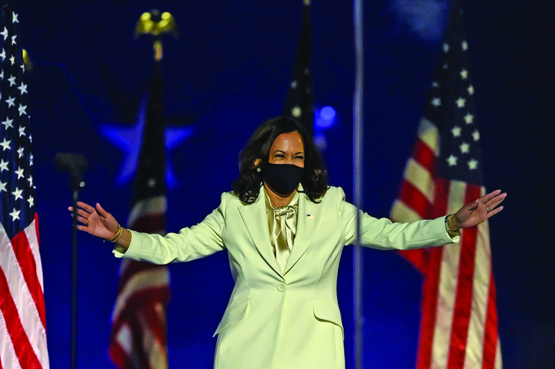 TOPSHOT - Vice President-elect Kamala Harris arrives to deliver remarks in Wilmington, Delaware, on November 7, 2020, after she and Joe Biden were declared the winners of the presidential election. (Photo by Jim WATSON / AFP)