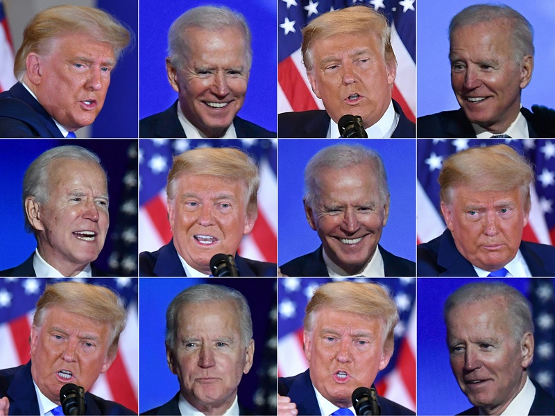 (COMBO) This combination of pictures created on November 04, 2020 shows Democratic presidential nominee Joe Biden in Wilmington, Delaware, and US President Donald Trump in Washington, DC during an election night speech early November 4, 2020. - President Donald Trump and Democratic challenger Joe Biden are battling it out for the White House, with polls closed across the United States -- and the American people waiting for results in key battlegrounds still up for grabs, one day after the US presidential election on November 03. (Photos by MANDEL NGAN and ANGELA  WEISS / AFP)