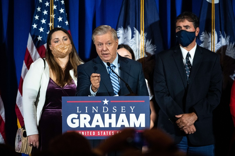 COLUMBIA, SC - NOVEMBER 03: Incumbent candidate Sen. Lindsey Graham (R-SC) speaks to a crowd during his election night party on November 3, 2020 in Columbia, South Carolina. Graham defeated Democratic U.S. Senate candidate Jaime Harrison.   Sean Rayford/Getty Images/AFPn== FOR NEWSPAPERS, INTERNET, TELCOS &amp; TELEVISION USE ONLY ==
