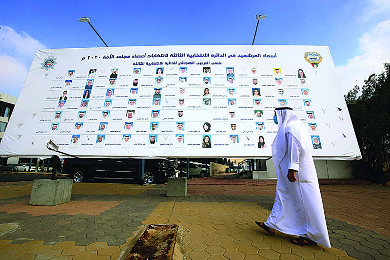 A Kuwaiti man looks at a sign showing a list of candidates in his constituency in Kuwait City on November 30, 2020. The National Assembly elections are scheduled for December 5, 2020.