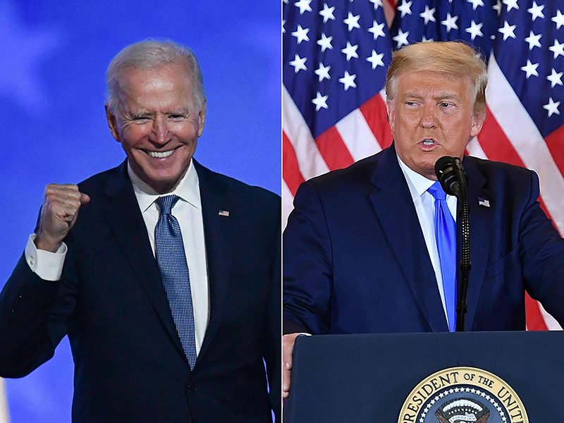 This combination of pictures created on Wednesday shows Democratic presidential nominee Joe Biden gesturing after speaking during election night at the Chase Center in Wilmington, and US President Donald Trump speaking during election night in the East Room of the White House in Washington. - AFP