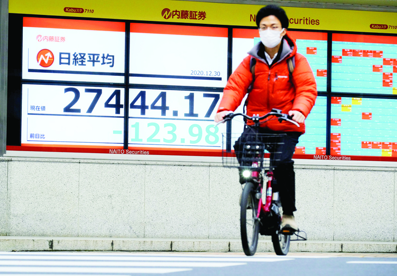 A person riding a bicycle crosses past an electronic quotation board displaying the closing numbers of shares on the Tokyo Stock Exchange in Tokyo on December 30, 2020. (Photo by Kazuhiro NOGI / AFP)
