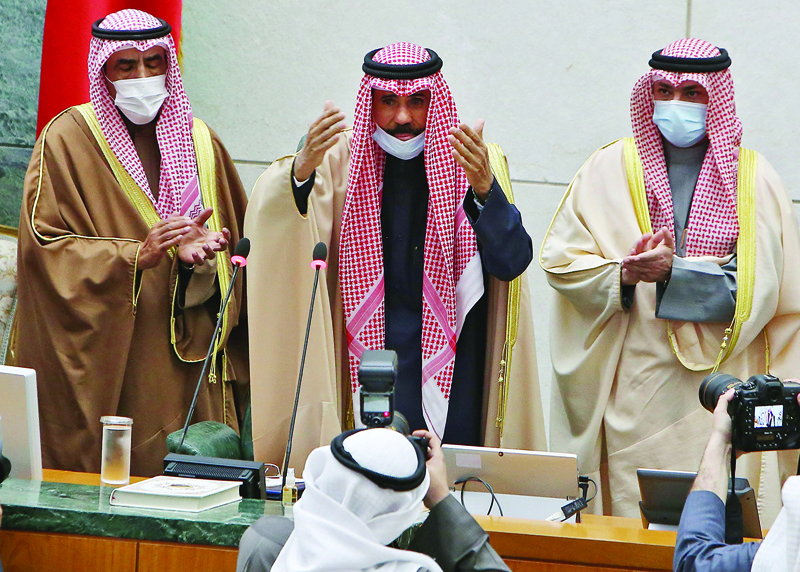 The Emir of Kuwait, Sheikh Nawaf al-Ahmad al-Jaber al-Sabah, opens the first regular session of the 16th legislative term, at the parliament in Kuwait City on December 15, 2020. (Photo by Yasser Al-Zayyat / AFP)