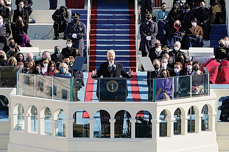 WASHINGTON, DC: US President Joe Biden speaks after being sworn in as the 46th President of the US during the 59th Presidential Inauguration at the US Capitol in Washington, Wednesday.-AFPn