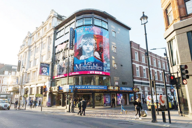 LONDON: Sondheim Theatre in London's West End. Britain's private sector activity shrank in January due to another coronavirus lockdown and the Brexit fallout, survey data showed Friday, placing the economy on course for a double-dip recession.--AFPn