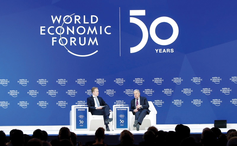 A file picture shows a panel discussion during the 50th World Economic Forum in Davos