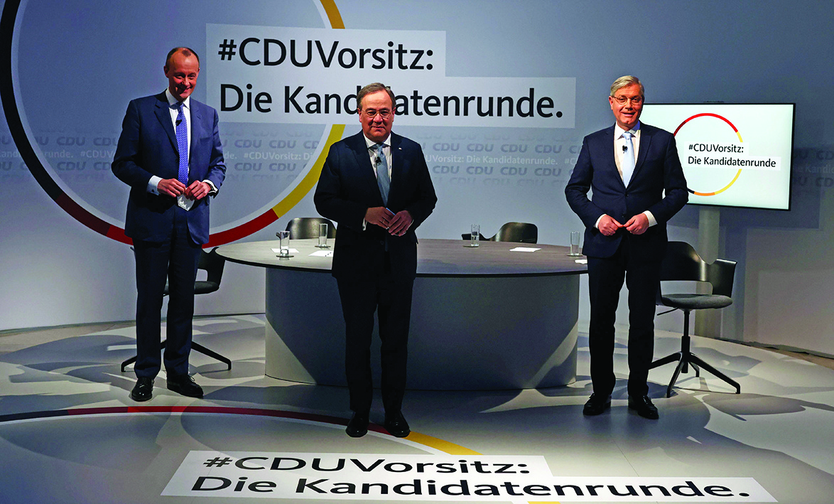 BERLIN: This file photo shows the three candidates for the leadership of Germany's Christian Democratic Union (CDU) party (from left) Friedrich Merz, Armin Laschet and Norbert Roettgen posing at the end of a discussion at the party's headquarters in Berlin. -AFP n