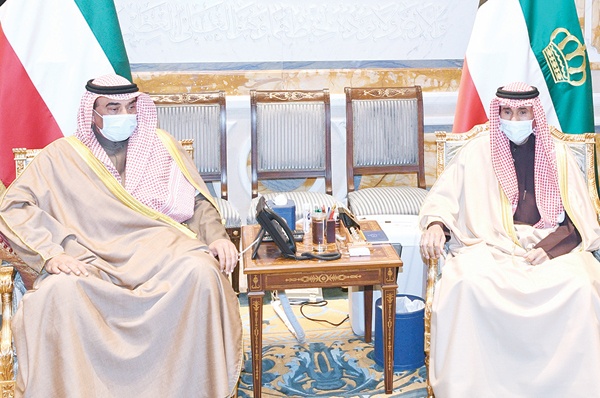 KUWAIT: HH the Amir Sheikh Nawaf Al-Ahmad Al-Jaber Al-Sabah receives HH the Prime Minister Sheikh Sabah Khaled Al-Hamad Al-Sabah, who submitted the government's resignation, at Bayan Palace yesterday. - KUNA n