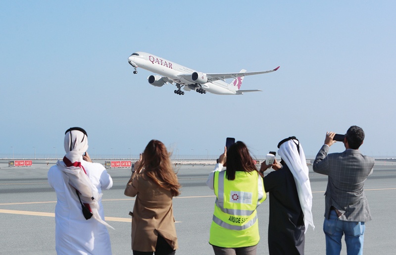 DOHA: A Qatar Airways airplane takes off from Hamad International Airport on the first commercial flight to Saudi Arabia in three and a half years yesterday. - AFP n