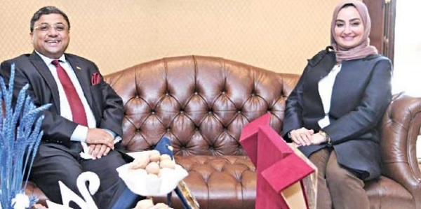 Undersecretary of the Ministry of Communications Kholoud Al-Shehab meets Indian Ambassador Sibi George. n