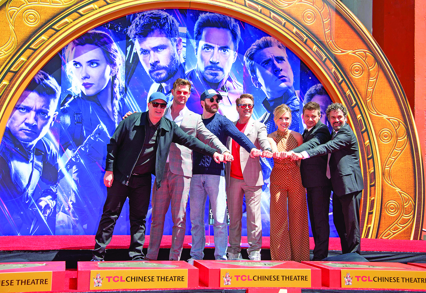In this file photo (From left) President of Marvel Studios/Producer Kevin Feige, actors Chris Hemsworth, Chris Evans, Robert Downey Jr, Scarlett Johansson, Mark Ruffalo and Jeremy Renner attends the Marvel Studios' 'Avengers: Endgame' cast place their hand prints in cement at TCL Chinese Theatre IMAX Forecourt , in Hollywood, California.-AFP photosn