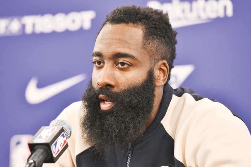 SAITAMA: In this file photo taken on October 10, 2019 Houston's guard James Harden answers a question after the NBA Japan Games 2019 pre-season basketball match between Houston Rockets and Toronto Raptors in Saitama, northern suburb of Tokyo. - AFPn