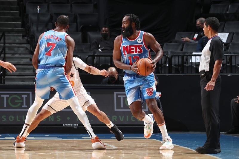 BROOKLYN: James Harden #13 of the Brooklyn Nets handles the ball during the game against the Orlando Magic on Saturday at Barclays Center in Brooklyn, New York. – AFPn