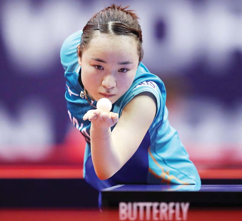 MAGDEBURG: In this file photo taken on January 31, 2020 Japan's Mima Ito eyes the ball as she serves to China's Ding Ning during the women's single quarter-final table tennis match at the 2020 ITTF World Tour Platinum in Magdeburg, Germany. - AFPn