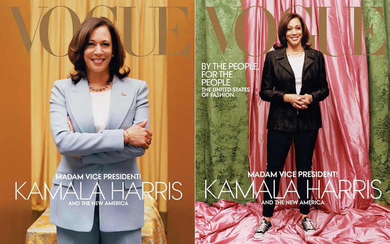 This combination of pictures shows two handout photo courtesy of Vogue, of US Vice President-elect Kamala Harris in a Michael Kors Collection suit on the February 2021 cover of Vogue magazine(left) and against colors inspired by those of her Howard university sorority, Alpha Kappa Alpha, Vice President-elect Kamala Harris (right)  as she wears a Donald Deal jacket and Converse sneakers on the February 2021 cover of Vogue magazine.-AFP n