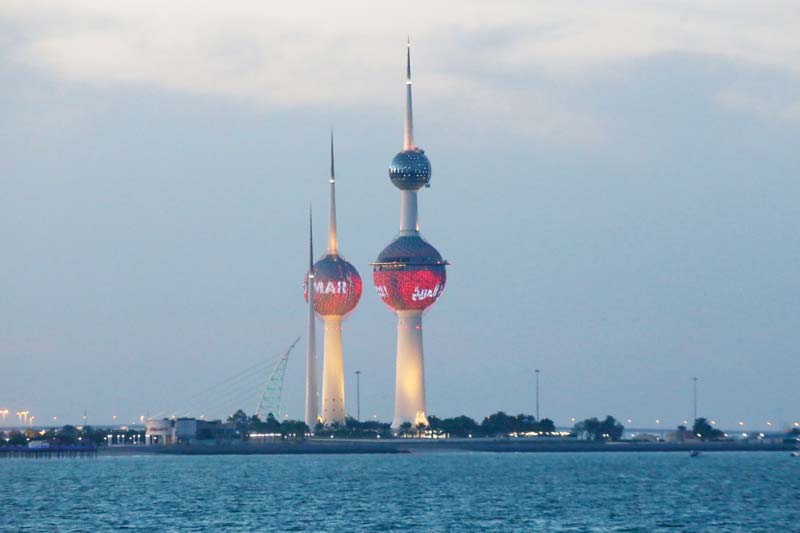 KUWAIT: Kuwait Towers illuminated to celebrate the UAE's first probe on Mars, the first mission from the Arab world to the red planet yesterday. - Photo by Yasser Al-Zayyatnn