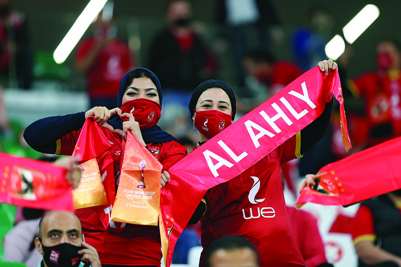 AL-RAYYAN: Ahly supporters cheer during the FIFA Club World Cup second round football match between Qatar’s Duhail and Egypt’s Al-Ahly at the Education City Stadium in the Qatari city of Ar-Rayyan on Thursday. — AFP