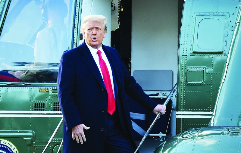 WASHINGTON: In this file photo taken on January 20, 2021 outgoing US President Donald Trump boards Marine One at the White House in Washington, DC. There's little chance Donald Trump will be convicted by the US Senate of inciting an insurgency but his legal troubles won't end with the conclusion of his second impeachment trial. - AFPnnnThe former president could soon be indicted on criminal charges, not to mention the multiple civil actions that have been filed against him.nThe ex-New York property tycoon, now ensconced in his luxurious Florida residence, is no stranger to the legal system, with his army of lawyers long accustomed to defending him and attacking his opponents during civil hearings. (Photo by MANDEL NGAN / AFP)