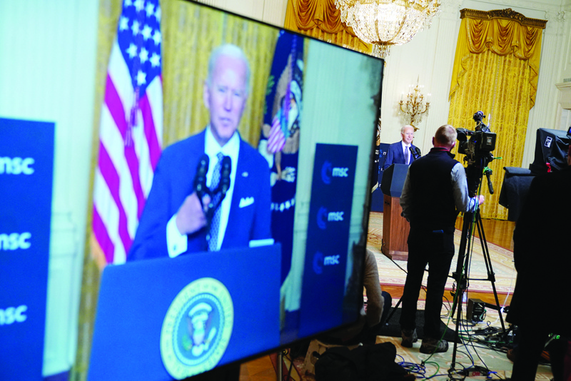 WASHINGTON, DC: US President Joe Biden speaks virtually from the East Room of the White House in Washington, DC, to the Munich Security Conference in Germany yesterday.-AFPn
