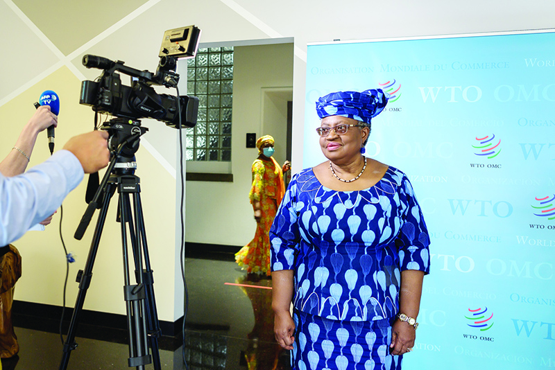 GENEVA: A picture taken on July 15, 2020, in Geneva shows Nigerian former Foreign and Finance Minister Ngozi Okonjo-Iweala facing a TV camera during an interview following her hearing before World Trade Organization 164 member states’ representatives. —AFP