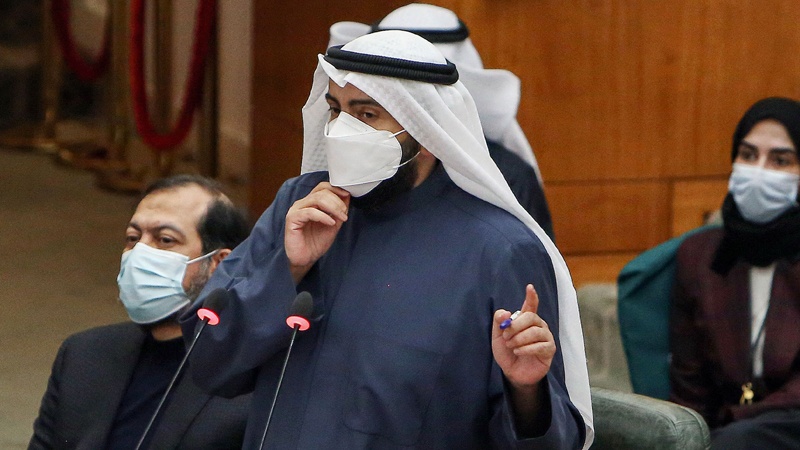 Kuwait's Health Minister Sheikh Basel al-Sabah speaks during a special parliament session following-up on measures undertaken by the government of limit the spread of COVID-19 coronavirus disease, at the National Assembly headquarters in Kuwait City on February 16, 2021. (Photo by YASSER AL-ZAYYAT / AFP)