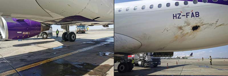 ABHA, Saudi Arabia: This combination of images shows views of the damaged hull of a Flyadeal Airbus A320-214 aircraft on the tarmac at Abha International Airport in Saudi Arabia's southern Asir province. - AFP n