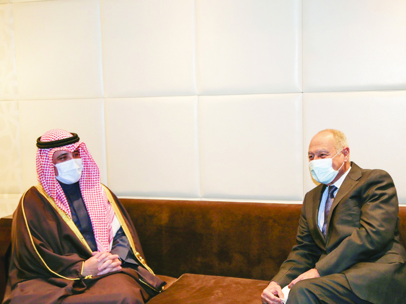 CAIRO: Kuwait's Foreign Minister Sheikh Dr Ahmad Nasser Al-Mohammad Al-Sabah meets Arab League Secretary-General Ahmad Abul Gheit in Cairo, Egypt yesterday. - KUNAn