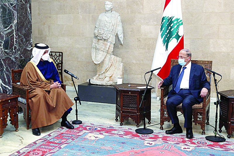 BAABDA, Lebanon: Lebanon's President Michel Aoun (right) meeting with Qatar's Deputy Prime Minister and Foreign Minister Mohammed bin Abdulrahman Al-Thani at the presidential palace in Baabda yesterday.-AFP n