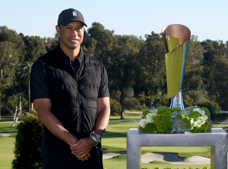 PACIFIC PALISADES: Tiger Woods on hand at the trophy presentation ceremony after the final round of the Genesis Invitational at Riviera Country Club on February 21, 2021 in Pacific Palisades, California. - AFPn