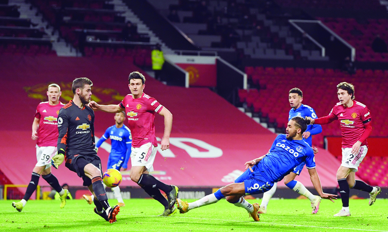 MANCHESTER: Everton's English striker Dominic Calvert-Lewin scores his team's third goal during the English Premier League football match between Manchester United and Everton at Old Trafford in Manchester, north west England, on Saturday. - AFPn
