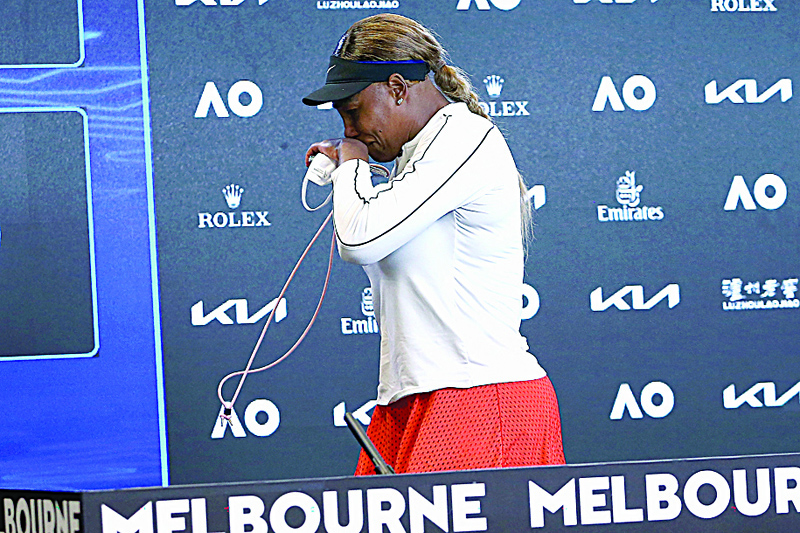 MELBOURNE: This hand out photo released by the Tennis Australia yesterday shows Serena Williams of the US gets emotional at a press conference after losing her women's semi-final match against Japan's Naomi Osaka on day eleven of the Australian Open tennis tournament in Melbourne. - AFPn