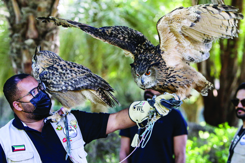 KUWAIT: Owls perched on a man's and woman's arms during a meet-up of the Kuwait Owl Team, a local group dedicated to the protection and proliferation of owls, in Kuwait City on March 6, 2021. - Photos by Yasser Al-Zayyatn
