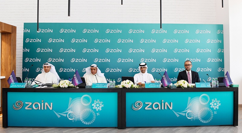 Zain Group Chairman Ahmed Al-Tahous, Zain Group Vice-Chairman and Group CEO Bader Nasser Al-Kharafi and other officials are seen during an Annual General Meeting held at Zain Group’s headquarters. 