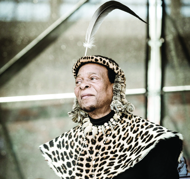 In this file photo taken on October 07, 2018 Zulu King Goodwill Zwelithini gestures to his supporters at The Moses Mabhida Football Stadium in Durban. - AFPn