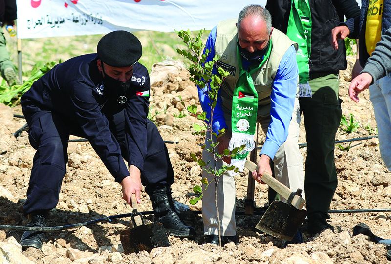 KUFRANJAH, Jordan: Jordanians take part in the planting of eucalyptus and carob saplings near the forest of Kufranjah north of Amman on Feb 11, 2021. - AFP n