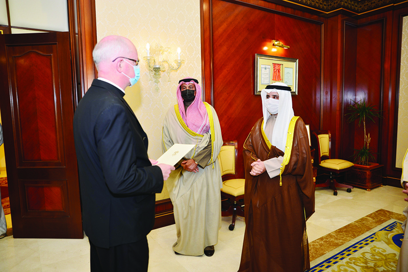 KUWAIT: Minister of Foreign Affairs and Minister of State for Cabinet Affairs Sheikh Dr Ahmad Nasser Al-Mohammad Al-Sabah receives a copy of the credentials of Ambassador of the Vatican Eugene Martin Nugent. - KUNA photosn