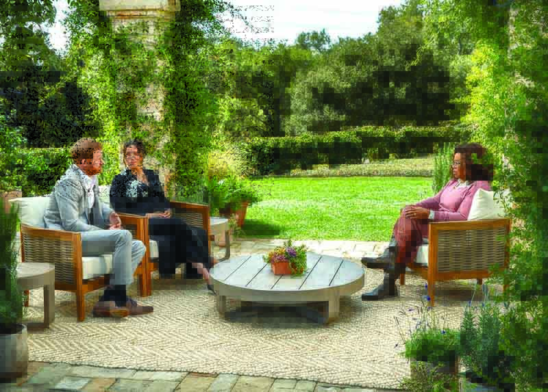 This undated image shows Britain's Prince Harry (left) and his wife Meghan (center), Duchess of Sussex, in a conversation with US television host Oprah Winfrey. -AFPn