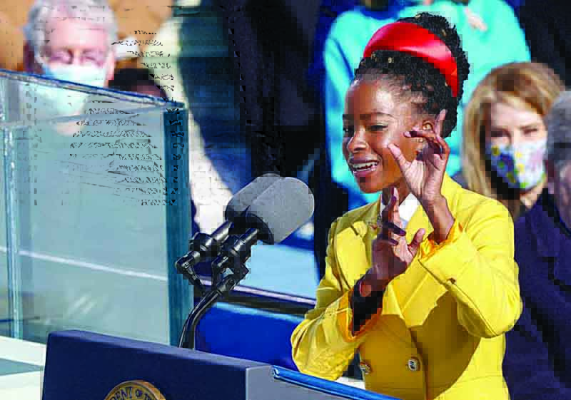 In this file photo Youth Poet Laureate Amanda Gorman speaks during the inauguration of US President Joe Biden on the West Front of the US Capitol in Washington, DC.-AFP n