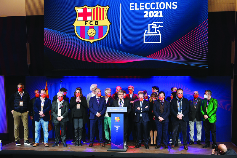 BARCELONA: Spanish lawyer Joan Laporta delivers a speech at the auditorium of the Camp Nou complex after winning the election for the FC Barcelona presidency on Sunday in Barcelona. - AFPn