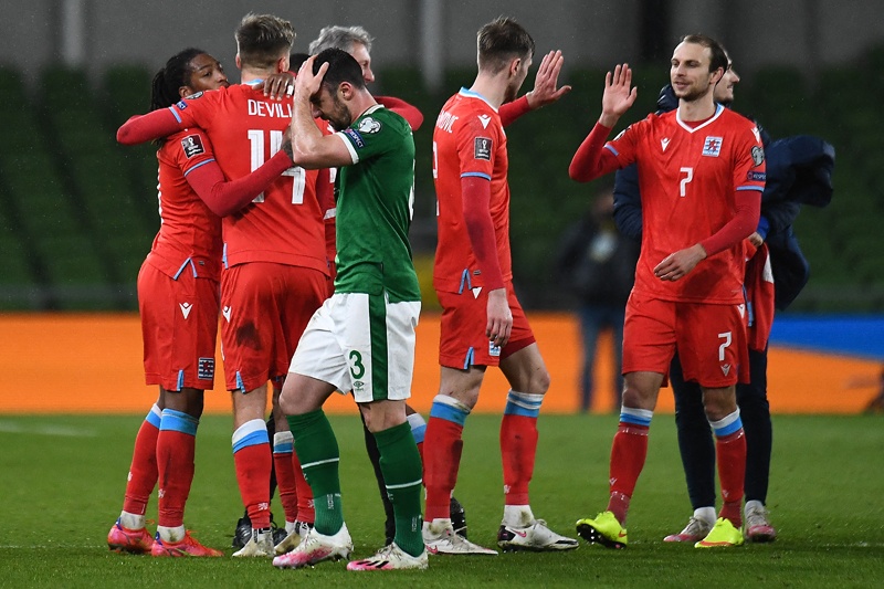 DUBLIN: Luxembourg's striker Gerson Rodrigues (left) celebrates with teammates at the final whistle during the FIFA World Cup Qatar 2022 group A qualification football match between Ireland and Luxembourg at Aviva Stadium in Dublin on Saturday. – AFPn