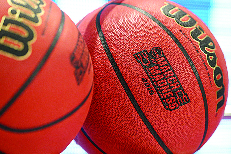 SALT LAKE CITY: In this file photo taken on March 20, 2019 a detailed view of a March Madness branded basketball is seen during a practice session before the First Round of the NCAA Basketball Tournament at Vivint Smart Home Arena in Salt Lake City, Utah. - AFPn