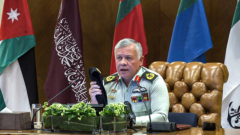 AMMAN: A handout picture released by the Jordanian Royal Palace on March 1, 2021 shows Jordanian King Abdullah II speaking at the Jordanian Armed Forces' Command during his visit on the 65th anniversary of the Arabization of the Jordanian Army command in the capital. - AFP